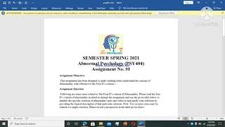 VU Abnormal Psychology (PSY404) Assignment no 1 solution. Spring semester 2021