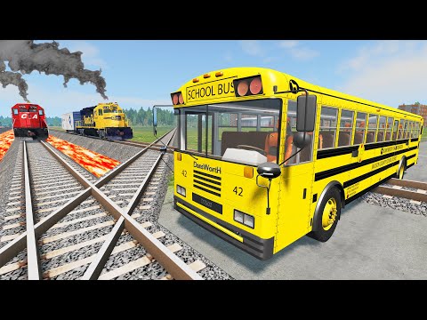 Double Flatbed Trailer Truck vs Rails - Speed Bumps - Deep Water - Train vs Cars 