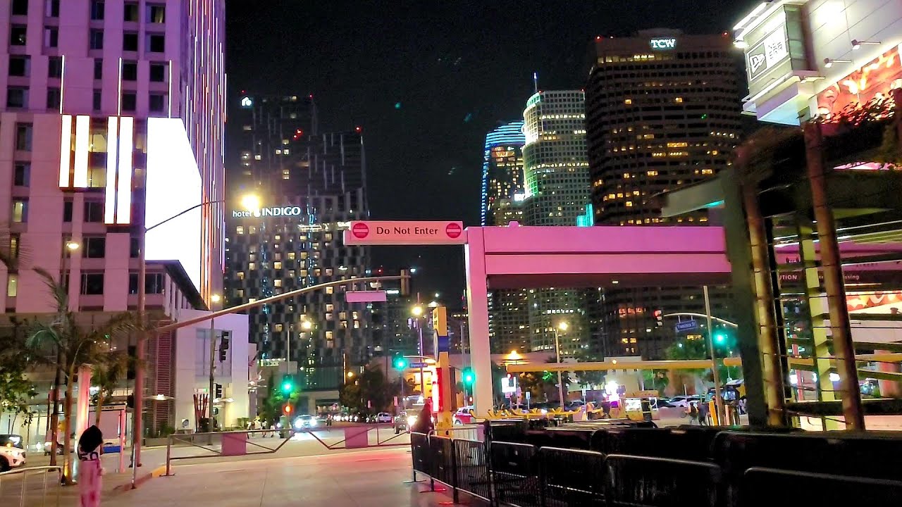 Hot summer nights walking tour of Downtown Los Angeles California USA