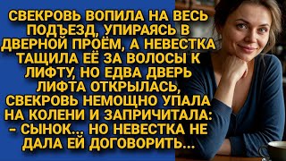 картинка: Свекровь вопила, пока невестка тащила её к лифту, но едва дверь лифта открылась...