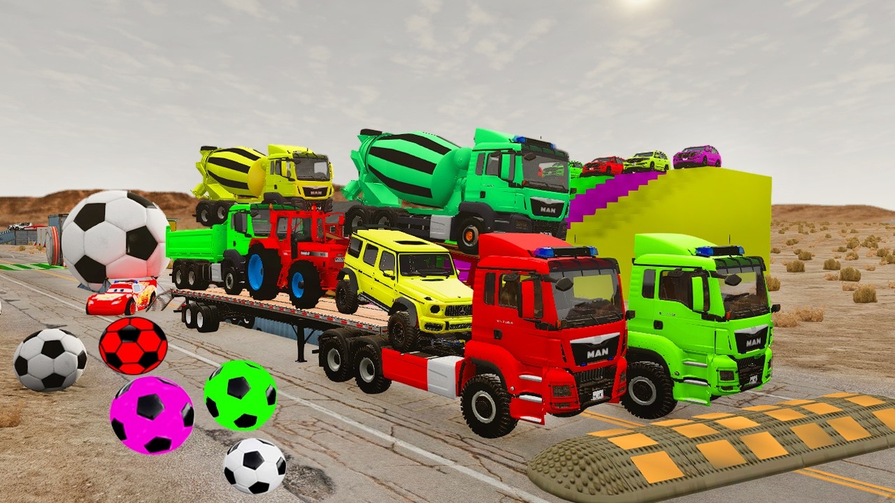 Flatbed Trailer McQueen Transportation with Truck - Speedbumps vs Cars vs Train - BeamNG.Drive 