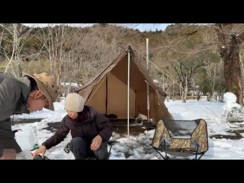 雪キャンプ！東古屋でホットテントで二人キャンプ！ワンチグリステント！