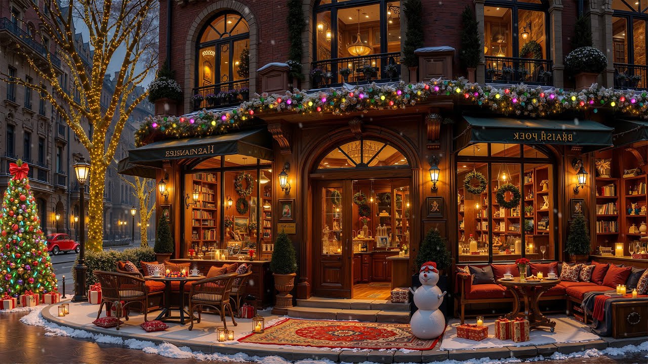 Charming Street Coffee Corner 🎄 Cozy Christmas Coffee Shop Ambience & Soft Winter Jazz Piano Music