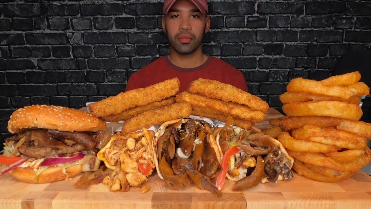 (ASMR) DONAIR, CHICKEN SHAWARMA, ONION RINGS, DEEP FRIED PICKLES MUKBANG