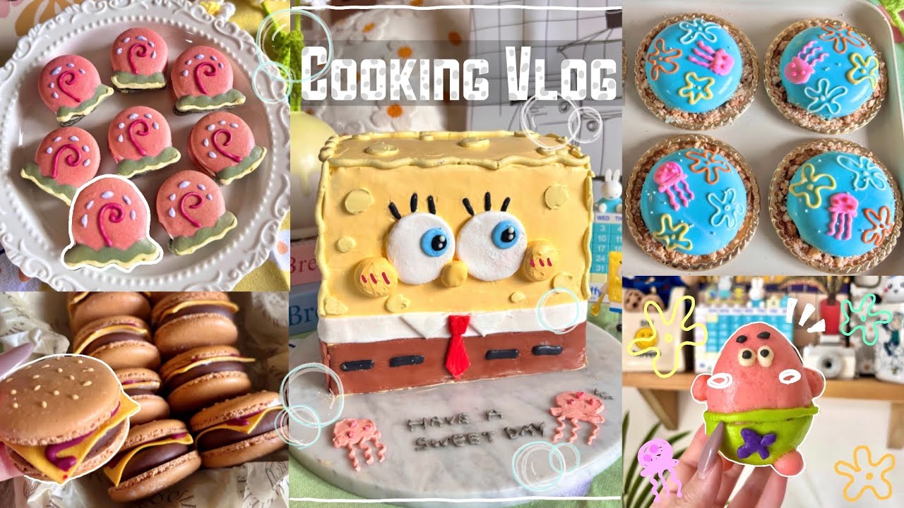 【Cooking Vlog】大好きな世界をお家スイーツで再現🪼💛お菓子作りにどハマり中な社会人の製菓記録🏝️🍔スポンジボブケーキ｜バニラムース｜マカロン