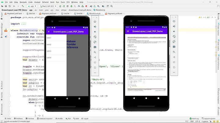 Drawer Layout, ActionBarDrawerToggle and Load PDF in PDFViewer on Click of ListView - Android Kotlin