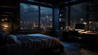 Metropolitan Rain Serenity Night Sounds on Window in City Cozy Room | Urban Relaxation