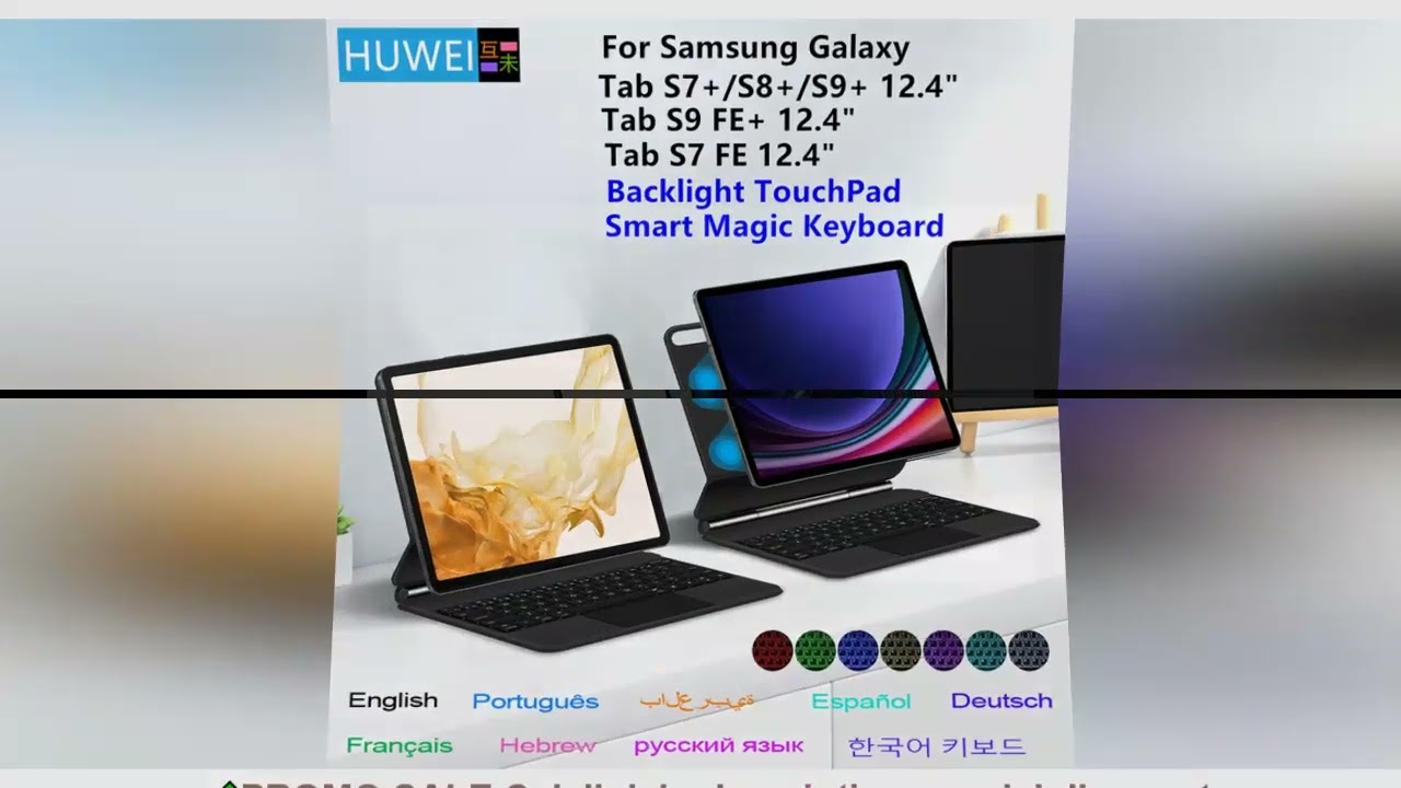 HUWEI Magic Keyboard For Samsung Galaxy Tab S9 FE Plus S7 FE S8 Plus 12.4" Tablet Smart Case Portugu