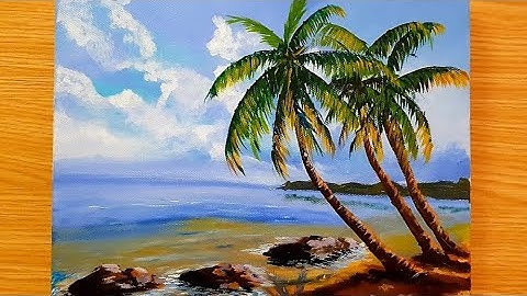 Ocean view acrylic painting/how to paint palm tree at the ocean/step by step tutorial for beginners.