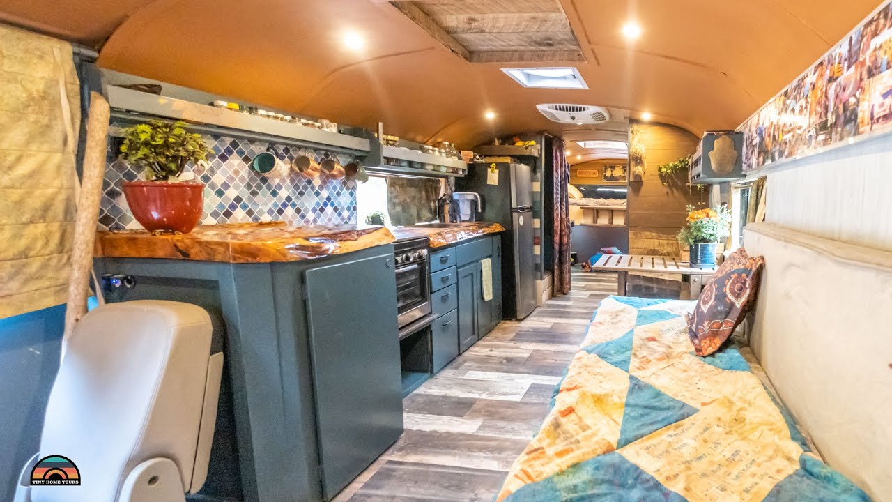 Adorable DIY School Bus Tiny House - Shower, Toilet & Double Work Desks