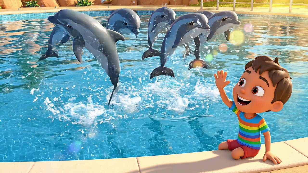 Five Little Dolphins Jumping on the Pool | Nursery Rhymes for Kids & Baby Songs