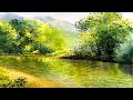 "Riverside spring morning" Watercolor landscape painting