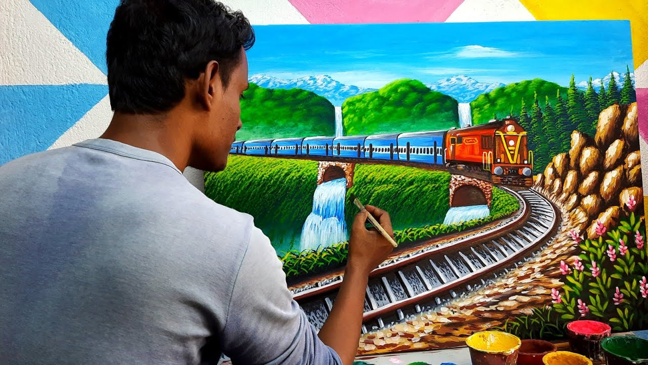 Train scenery drawing painting | mountain nature painting | easy ...
