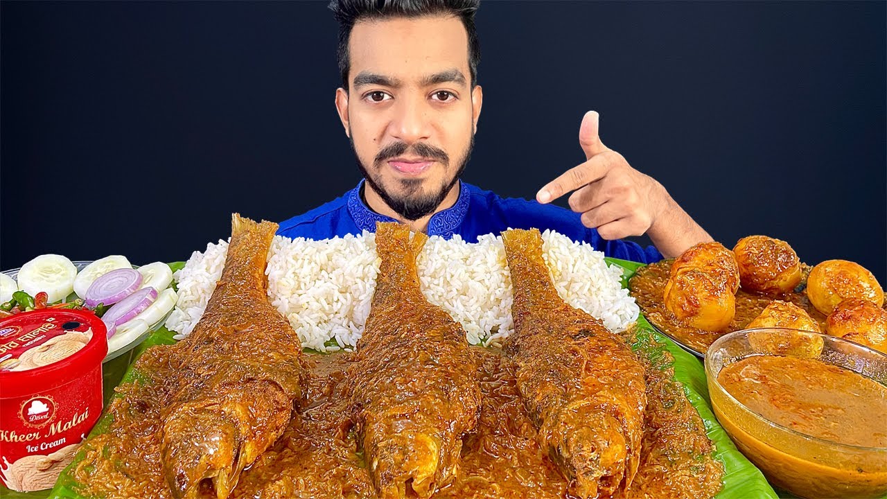 3 BIG WHOLE FISH CURRY AND SPICY NEGG CURRY WITH RICE EATING SHOW ...