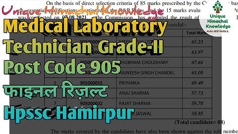 Medical Laboratory Technician Grade-II Post Code: 905 Final Result Hpssc Hamirpur 🙏