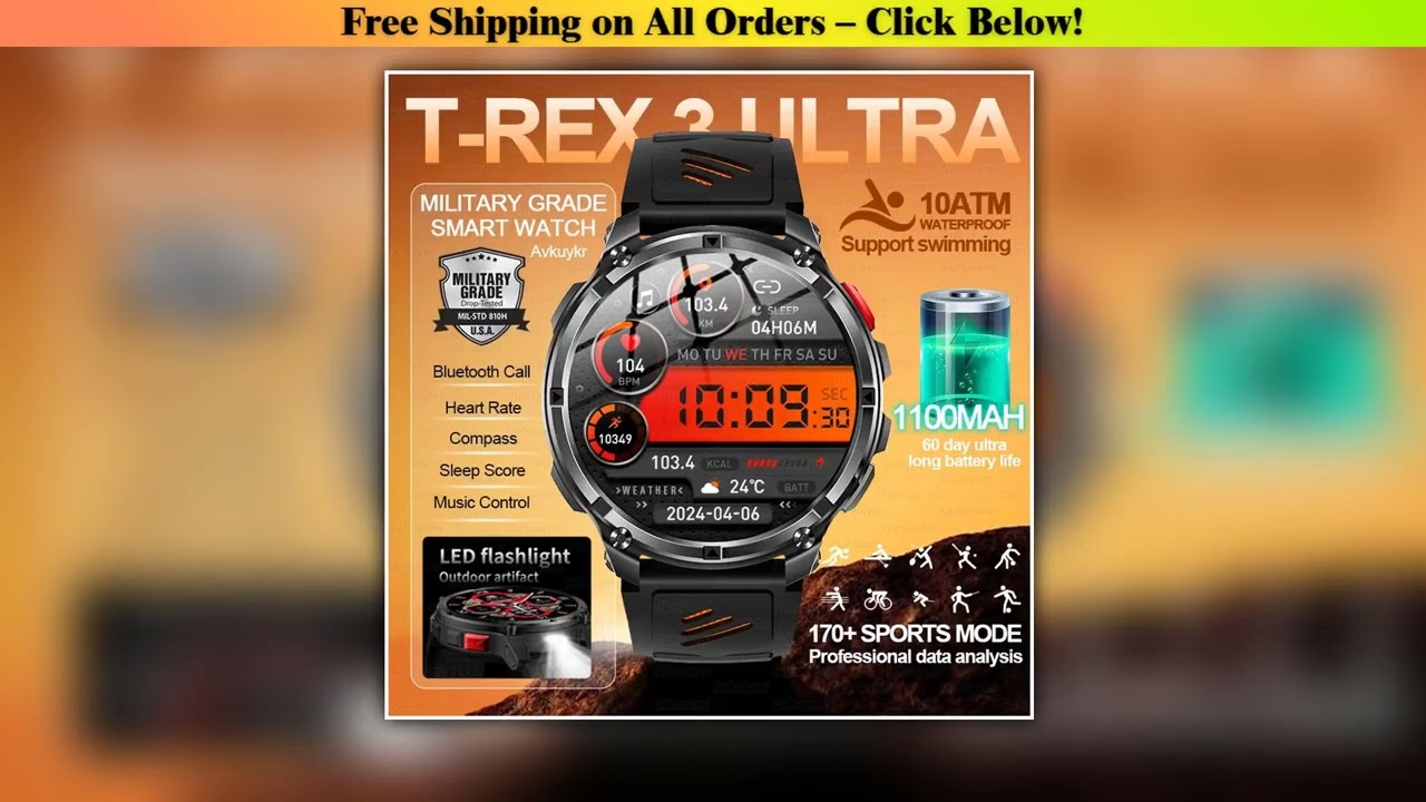 2026 New T-REX3 Outdoor Smart Watch 1.7''AMOLED Screen 1100mAh Large Battery 10ATM Waterproof