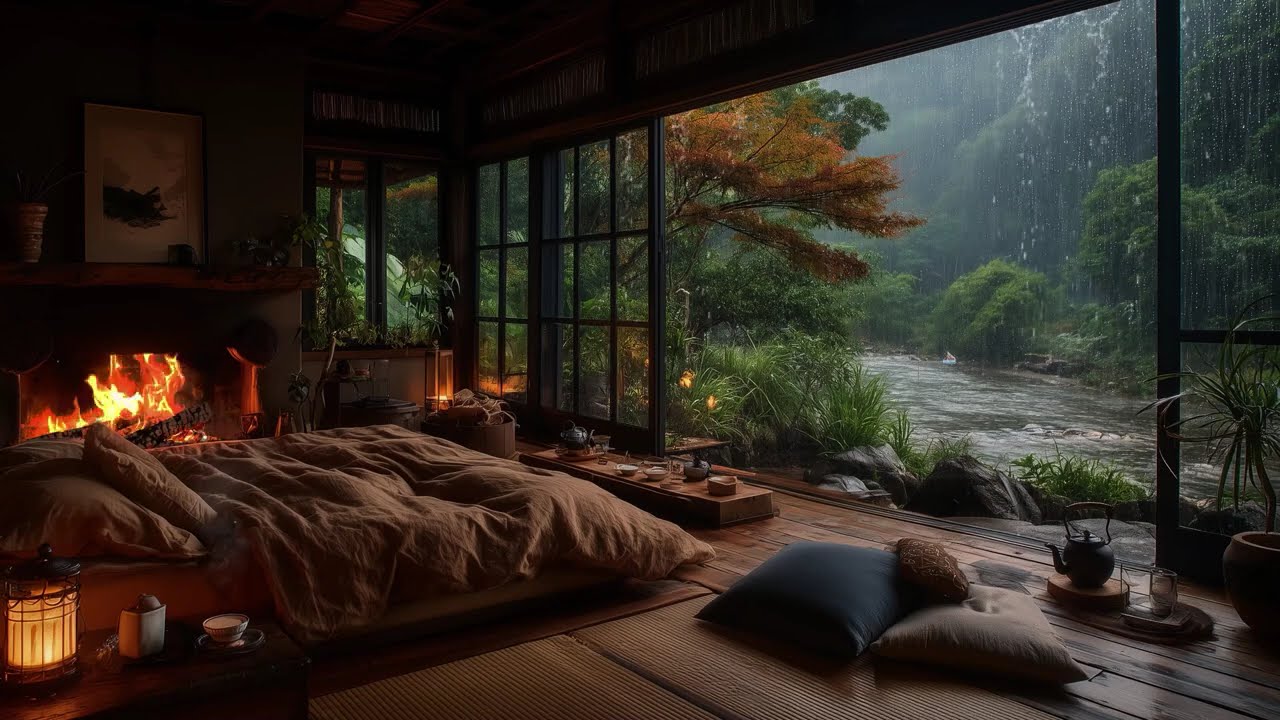 3 Hours of Relaxing Sleep Music with Rain & Fireplace – Stress Relief, Anxiety Ease, and Healing