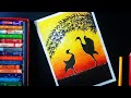 Sunset scenery oil pastel drawing | bird in sunset oil pastel drawing