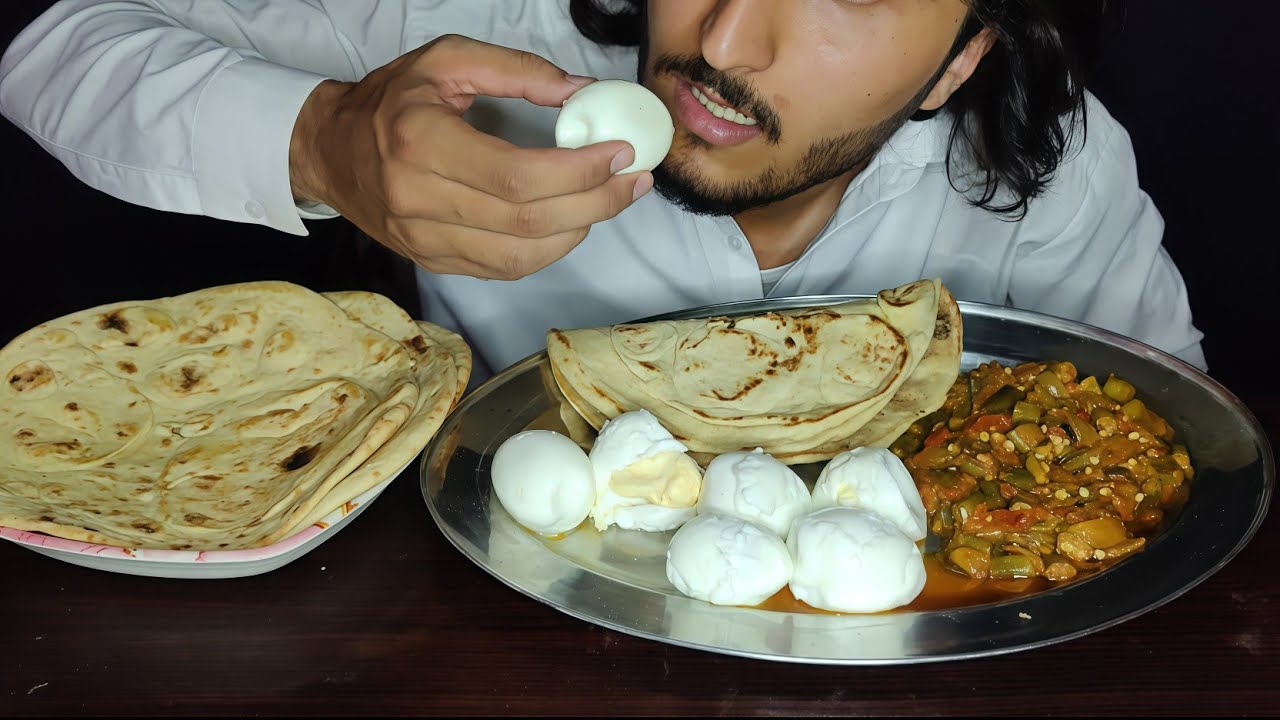 ASMR EATING SPECIAL BHINDI MASALA & NAAN WITH BOILED EGGS & CHILLED RUAFZA | DESI VEG FEAST SOUNDS