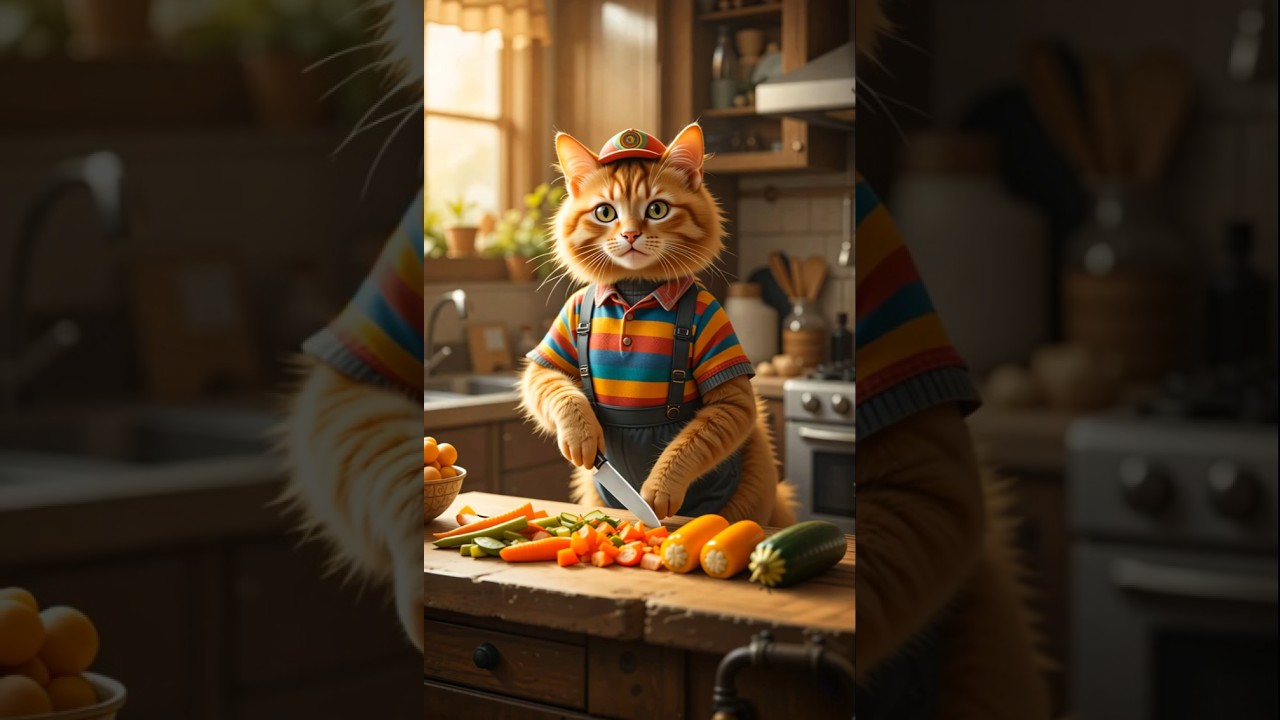 Cute cat sharing food 