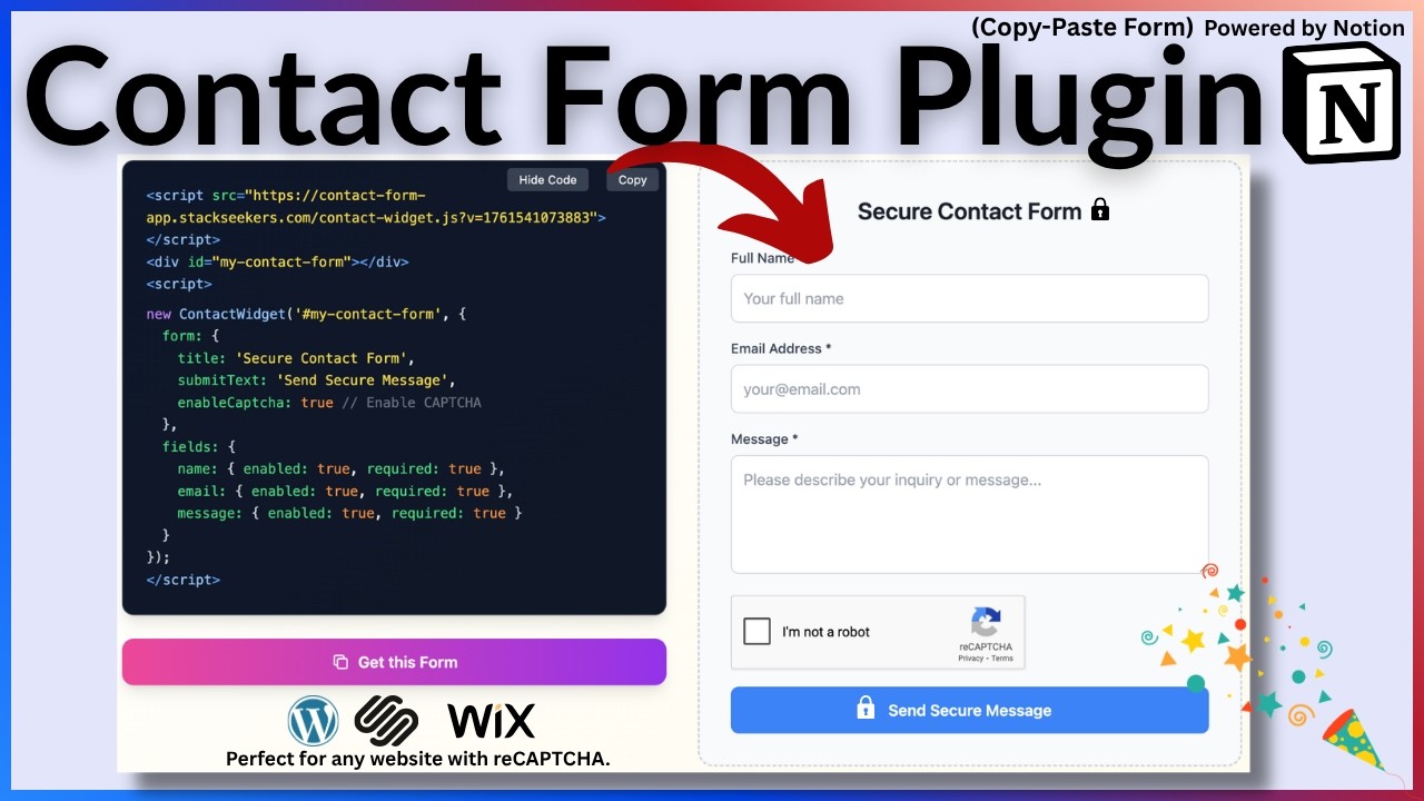 Contact Form with reCAPTCHA for Website No Code get data Notion DB #form #contact #plugins #web
