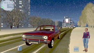 🚔 City Car Driving: ГАЗ-24 красного цвета в заснеженном городе под Новый год с жителям в шапочках