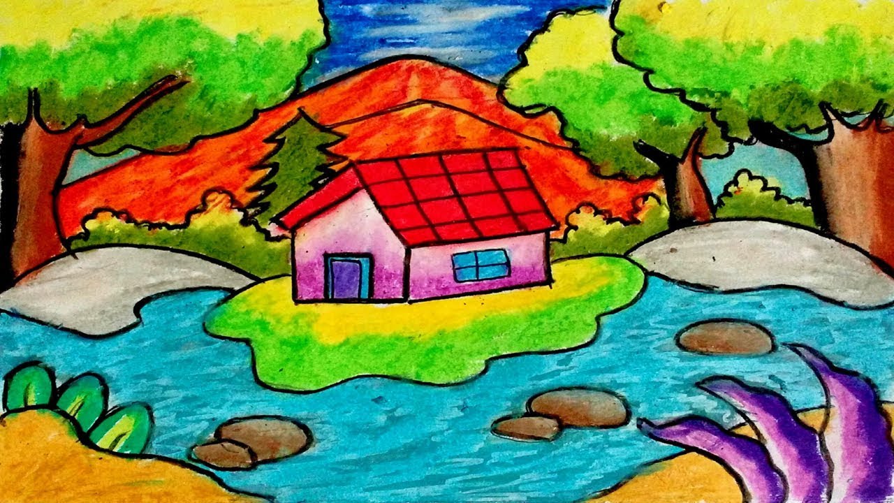How to Draw riverside nature scenery | Beautiful landscape oil pastel drawing مشهد دانشگاه علوم پزشکی
