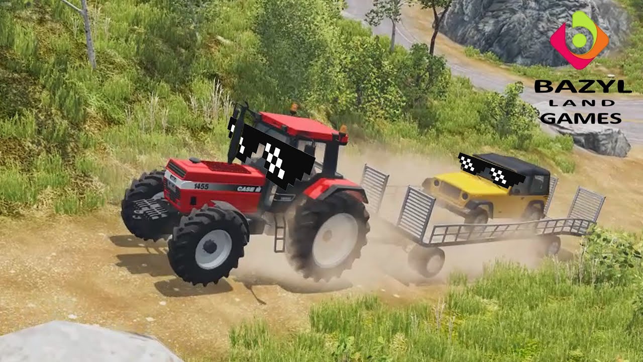 Strength Test and Driving Tractors uphill with Cars on a Tow Truck