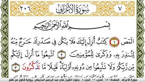 سورة الأعراف مكتوبة علي عبد الرحمن الحذيفي Surah Al Aaraf  برواية قالون عن نافع