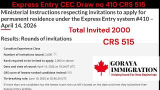 Express Entry CEC Draw no 410 CRS 515 total invited 2000 #CEC #expressentrydraw #canadaimmigration