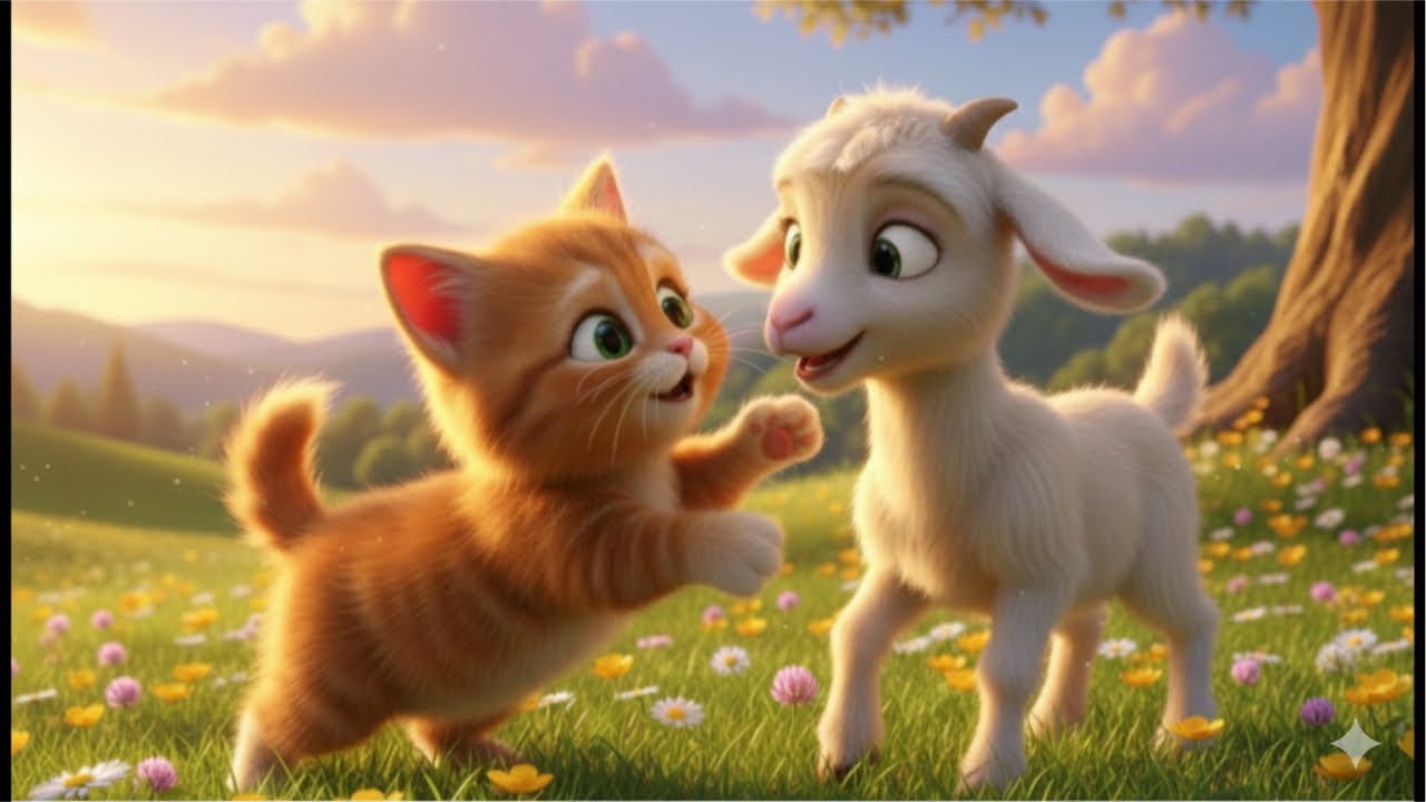 Very funny cat fighting with goat baby