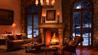 Blizzard Sounds and Livingroom Ambience  Snowstorm Sounds with Fireplace Crackling and Howling Wind