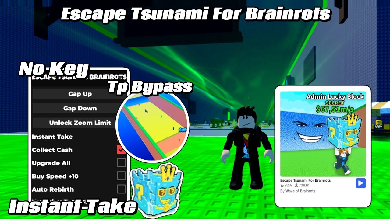 ESCAPE TSUNAMI FOR BRAINROTS SCRIPT NO KEY INSTANT TAKE, TELEPORT TO ZONE BYPASS, AUTO UPGRADE 