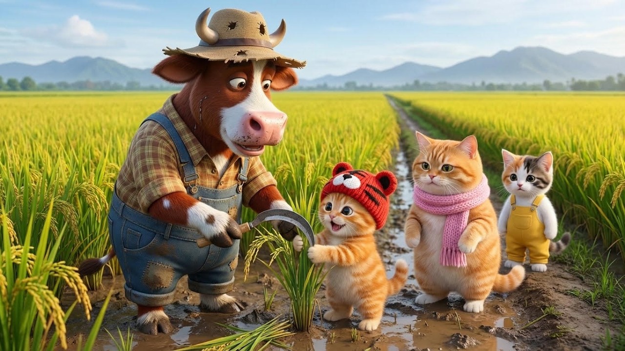 Cute Cat Family Learns How Rice is Grown - 3D Animation Story