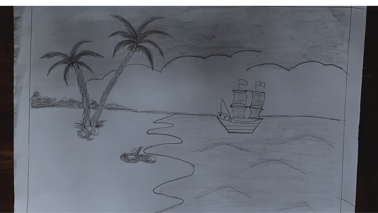 Basic Sea Drawing How to draw a sea beach for beginners. Easy drawing - YouTube