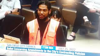 Kevin Allen speaks at city hall on PLA'S