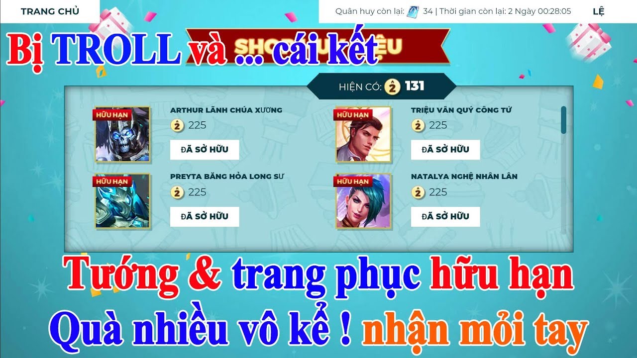 Liên quân mobile Hộp quà sinh nhật Tướng và Trang phục hữu hạn cùng Số phận 5k quân huy khi chơi thử