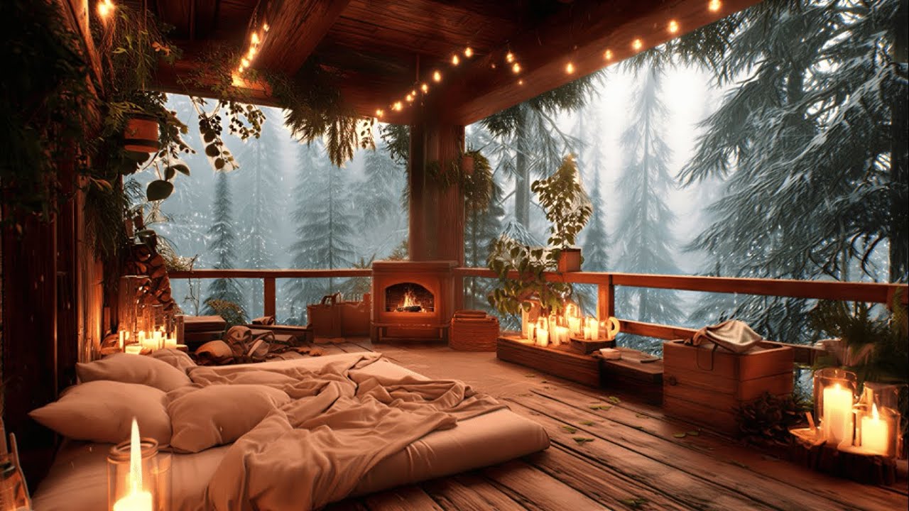 Cozy Snowy Pine Forest Cabin Porch Jazz Instrumental with Fireplace Ambience 4