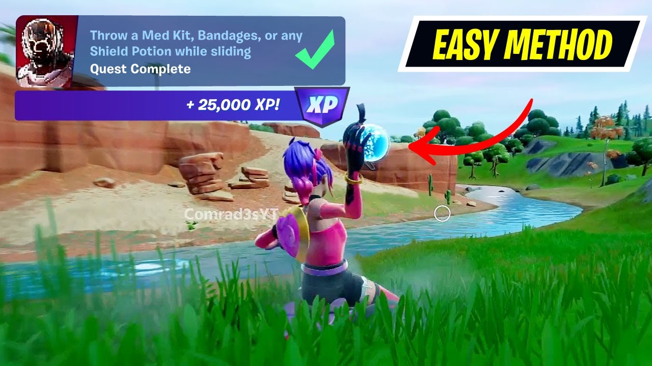 Throw a Med Kit, Bandages, or any Shield Potion while sliding Fortnite Locations