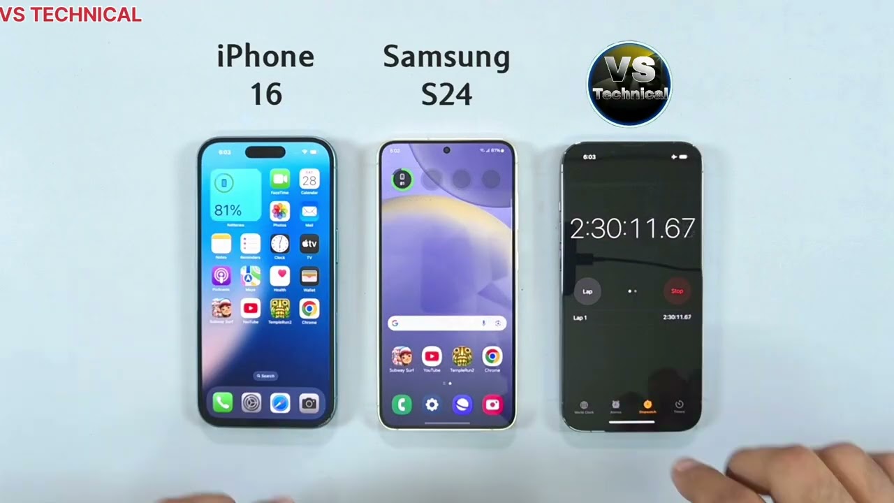 Samsung S24 VS iPhone 16 Battery drain Test Comparison iOS Android flagship phone battery life 2026