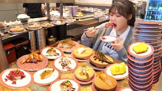 картинка: Вращающиеся Суши Мукбанг🍣 1 тарелка 1~3 USD! Свежие начинки 🦪