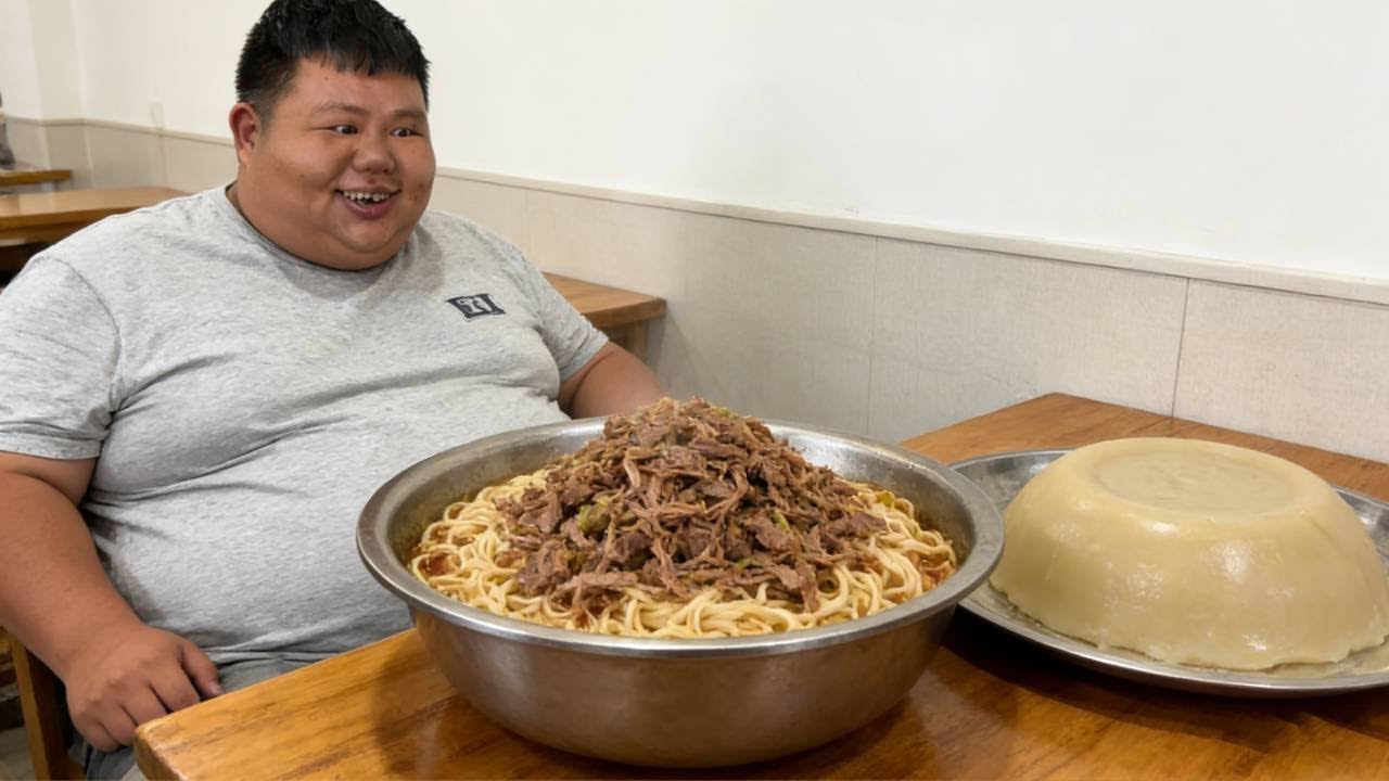 猜猜400斤良子的最爱是什么？板面+焖子双至尊套餐，大胃袋又一次控制住了大脑！ #良子大胃袋 #巨型美食挑战 #吃播日常