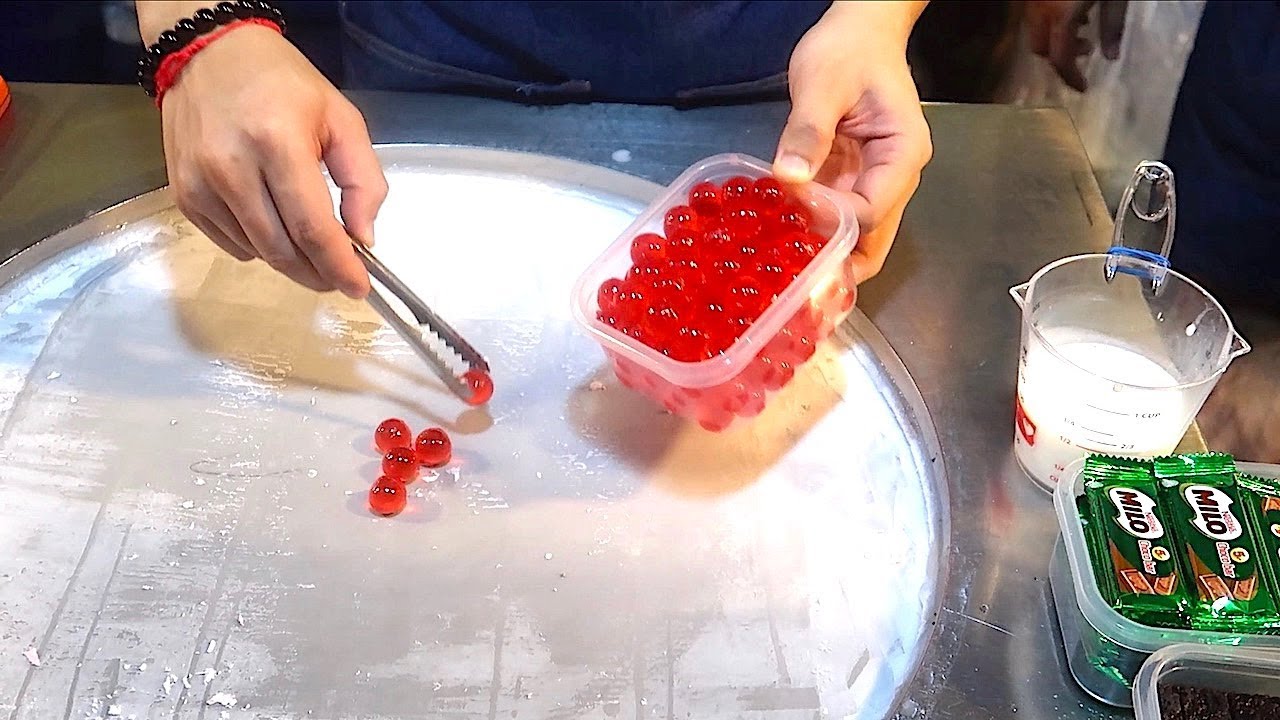 Ice Cream Rolls (Strawberry Jelly Balls) - Thailand Street Food
