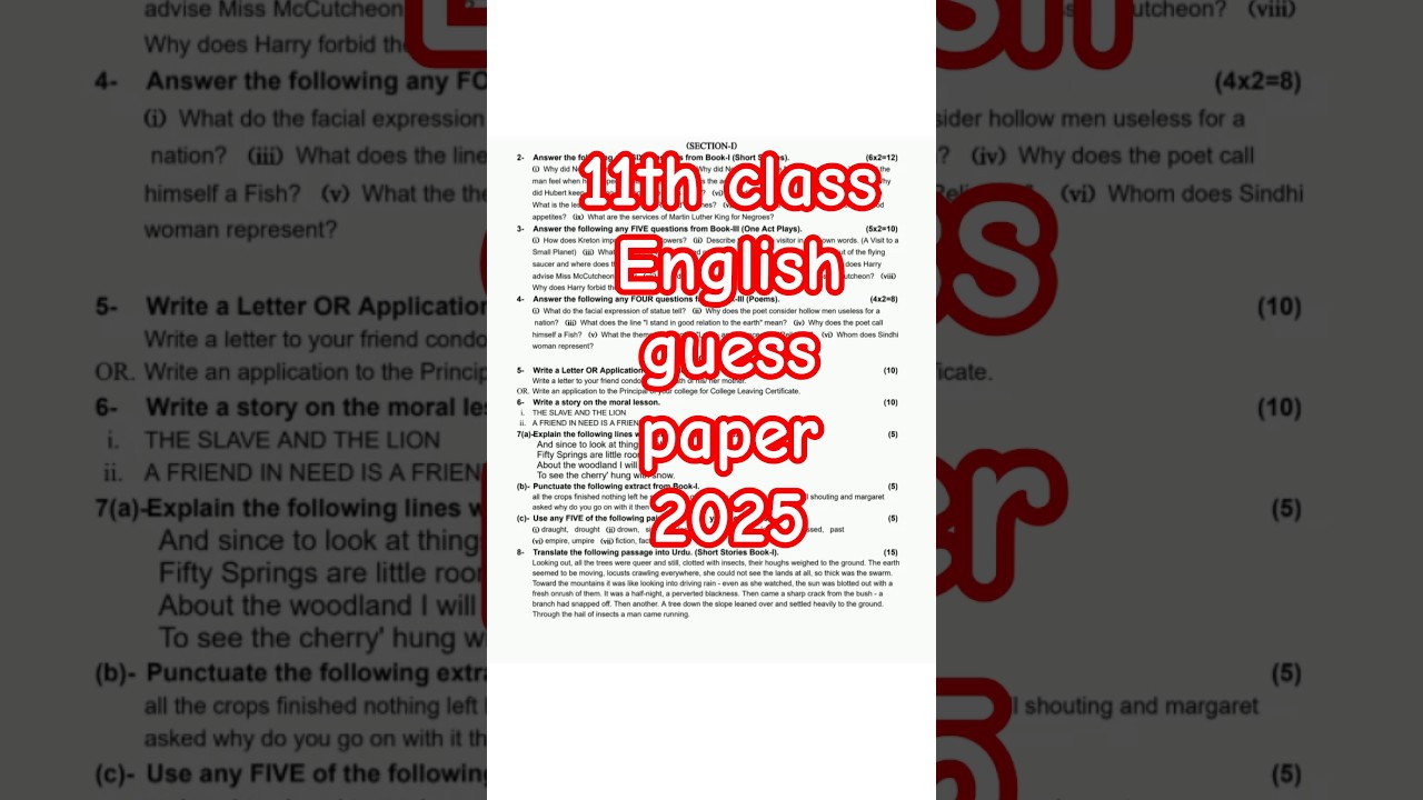 11th Class English Guess Paper 2025 | Most Important question | 1st year English Guess Paper 2025