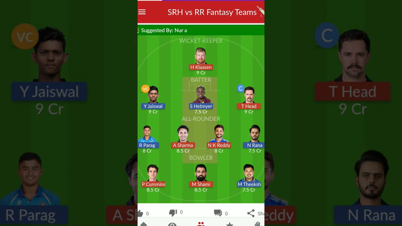 RR VS SRH | DREAM 11 PREDICTION