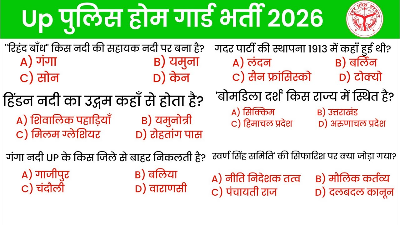 🚨Up Police Homeguard Top Gk/Homeguard Bharti Question Answer/Questions Answer/Questions Answer Paper