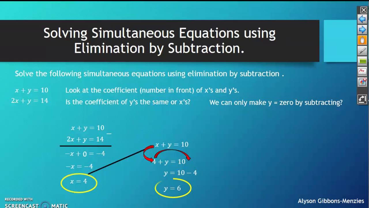 Solving Simultaneous Equations by Subtraction - YouTube