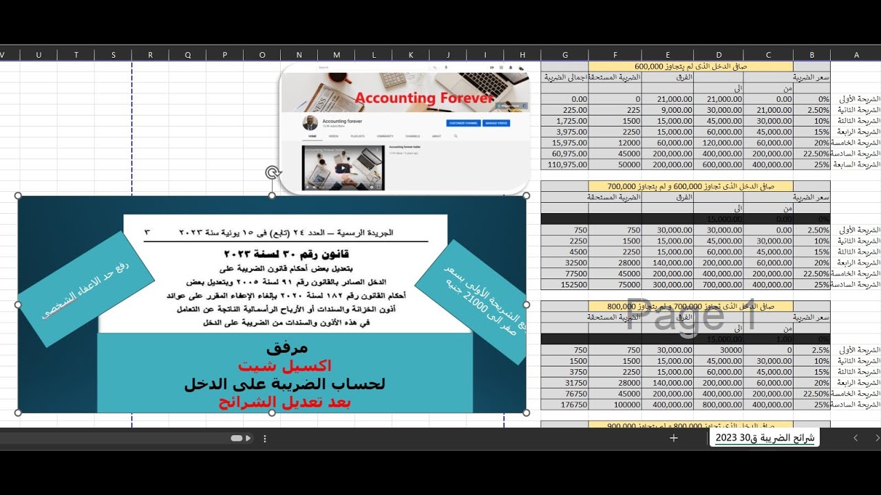 حساب الضريبة على الاكسيل طبقا لأخر تعديلات قانون الضرائب 30 سنة 2023 و مرفق الملف فى الوصف مثال عملى