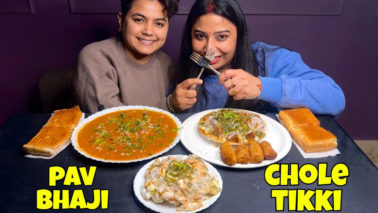 ASMR Eating Yummy Pav Bhaji, Bhalla Papdi Chaat, Chole Tikki, Cheese Corn Roll Mukbang