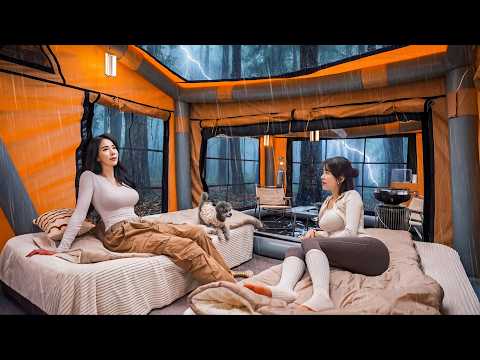 ☔️HEAVY RAIN CAMPING WITH MY SISTER IN A MASSIVE AIR TENT